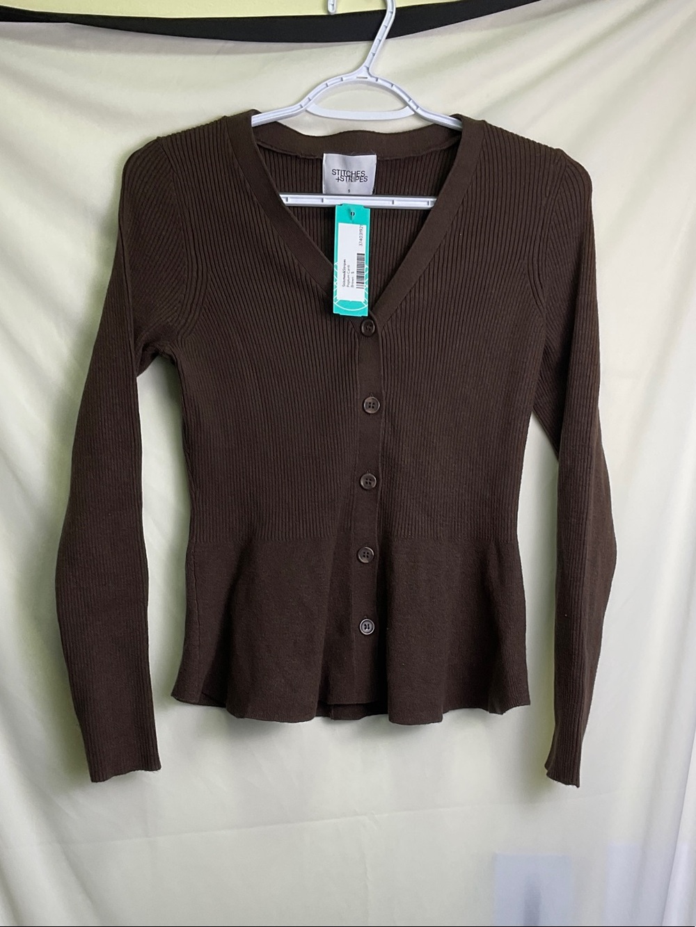 Stitches & Stripes Peplum Cardie with V-Neck Buttoned Front - Brown